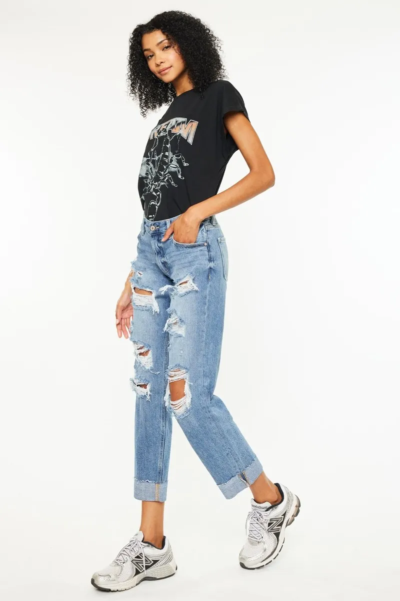 Mid Rise Distressed Boyfriend Fit Jeans