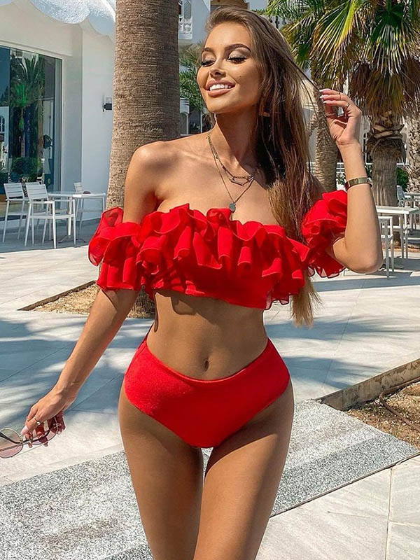 Off-The-Shoulder Falbala Padded Bralette High-Waisted Bikini Swimwear