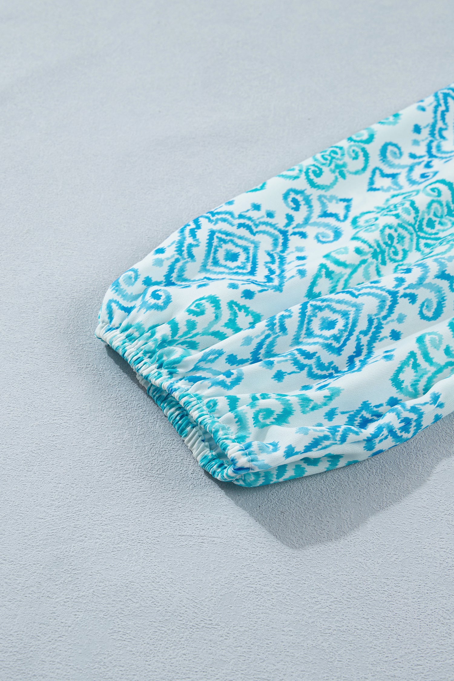 Sky Blue Boho Floral Geometric Patchwork Ruffle Detail Puff Sleeve Mini Dress