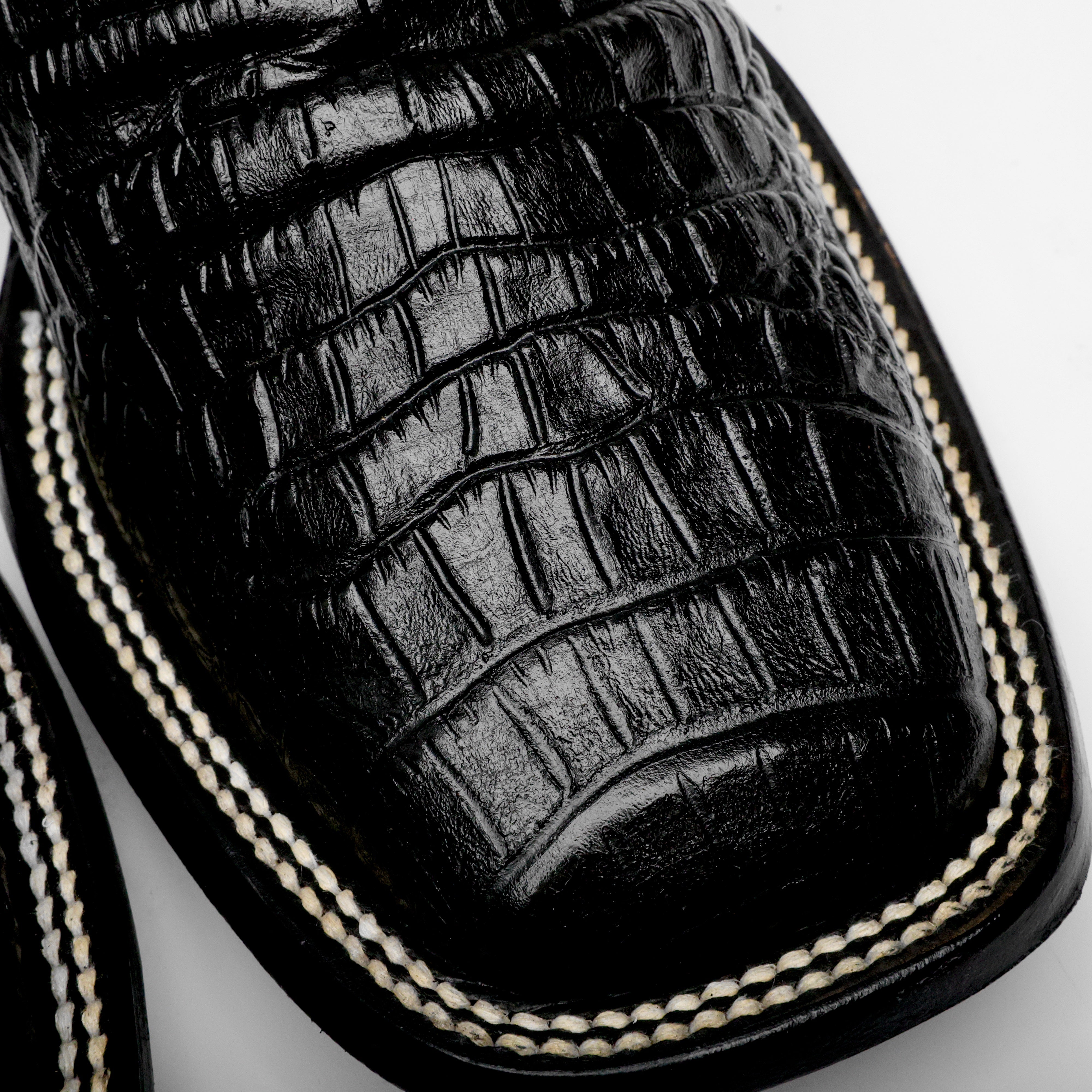 Total Black Caiman Belly Leather Boots - Square Toe