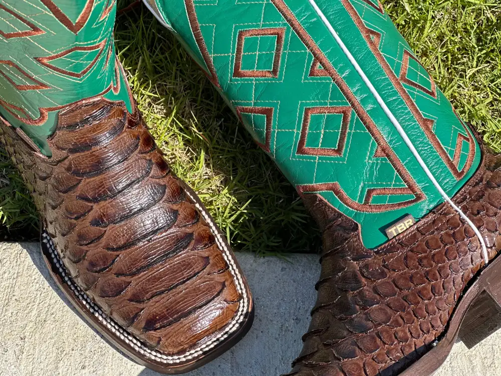 Mens Brown Python Leather Boots With Green Shaft