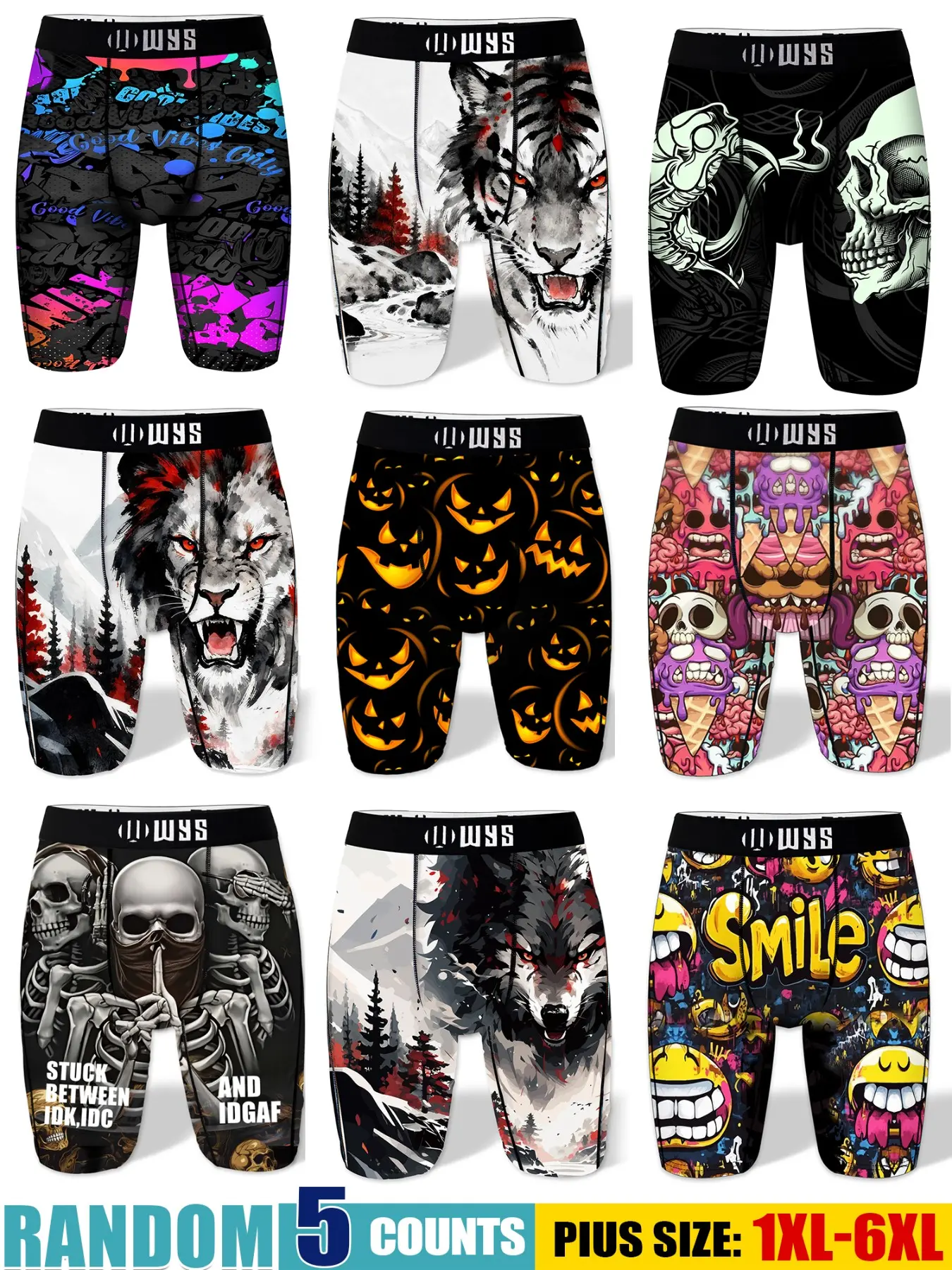 Random 5-Piece Set Plus Size Men's Long Thong Underwear, Breathable Sport Briefs, Quick-Dry