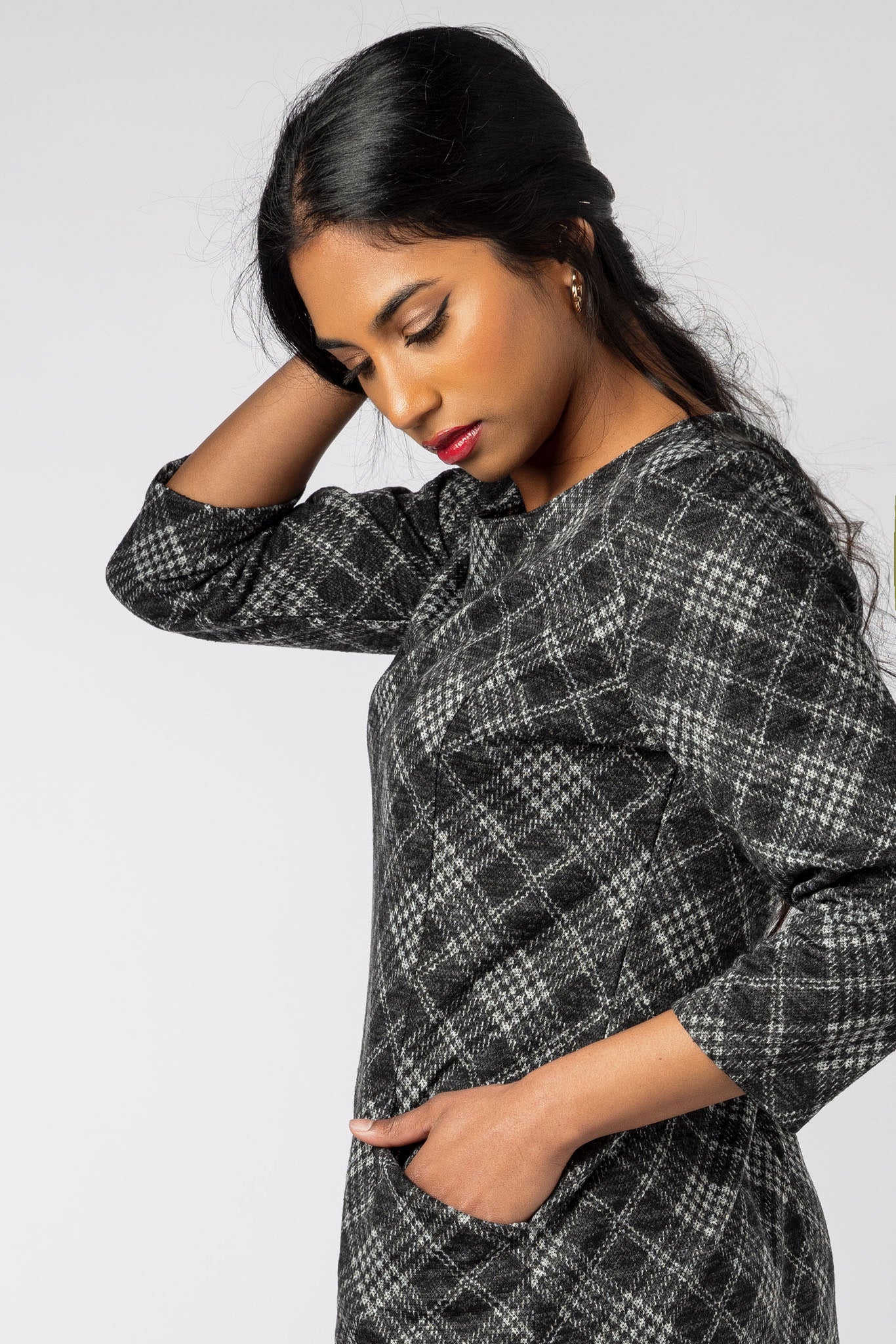 Plaid Knit Dress with 3/4 Sleeves