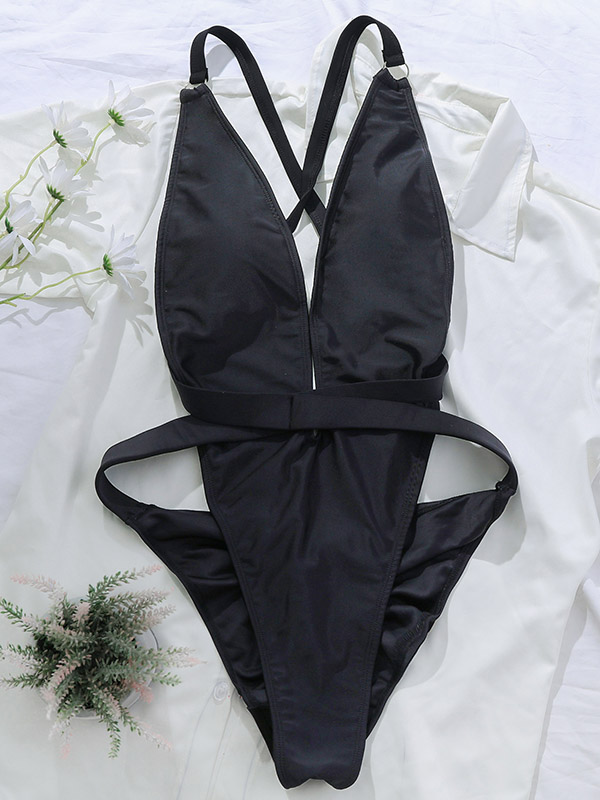 Sexy Plunging Adjustable Backless Solid Color One-Piece Swimsuit