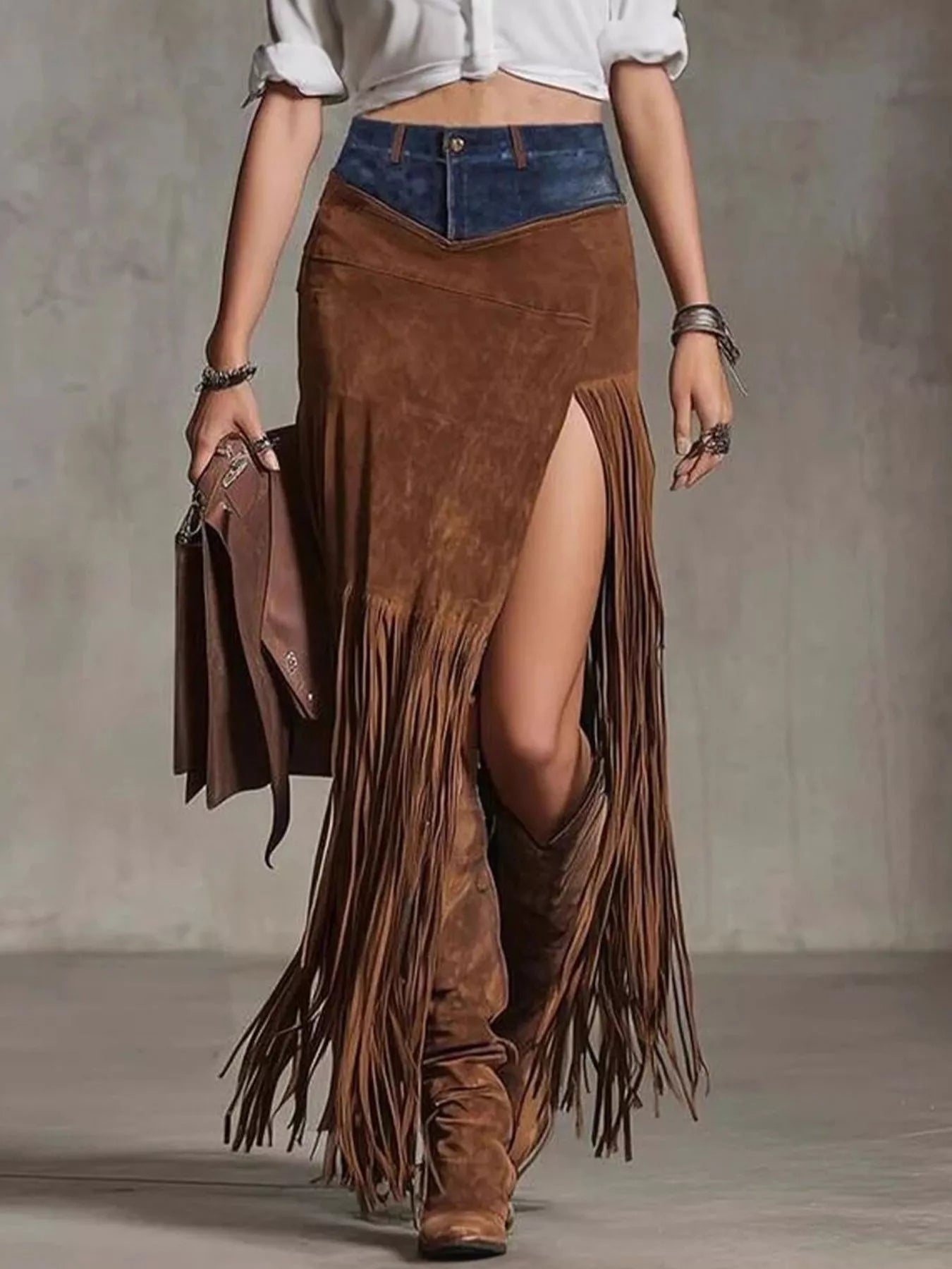 Denim Patchwork Fringe Maxi Skirt