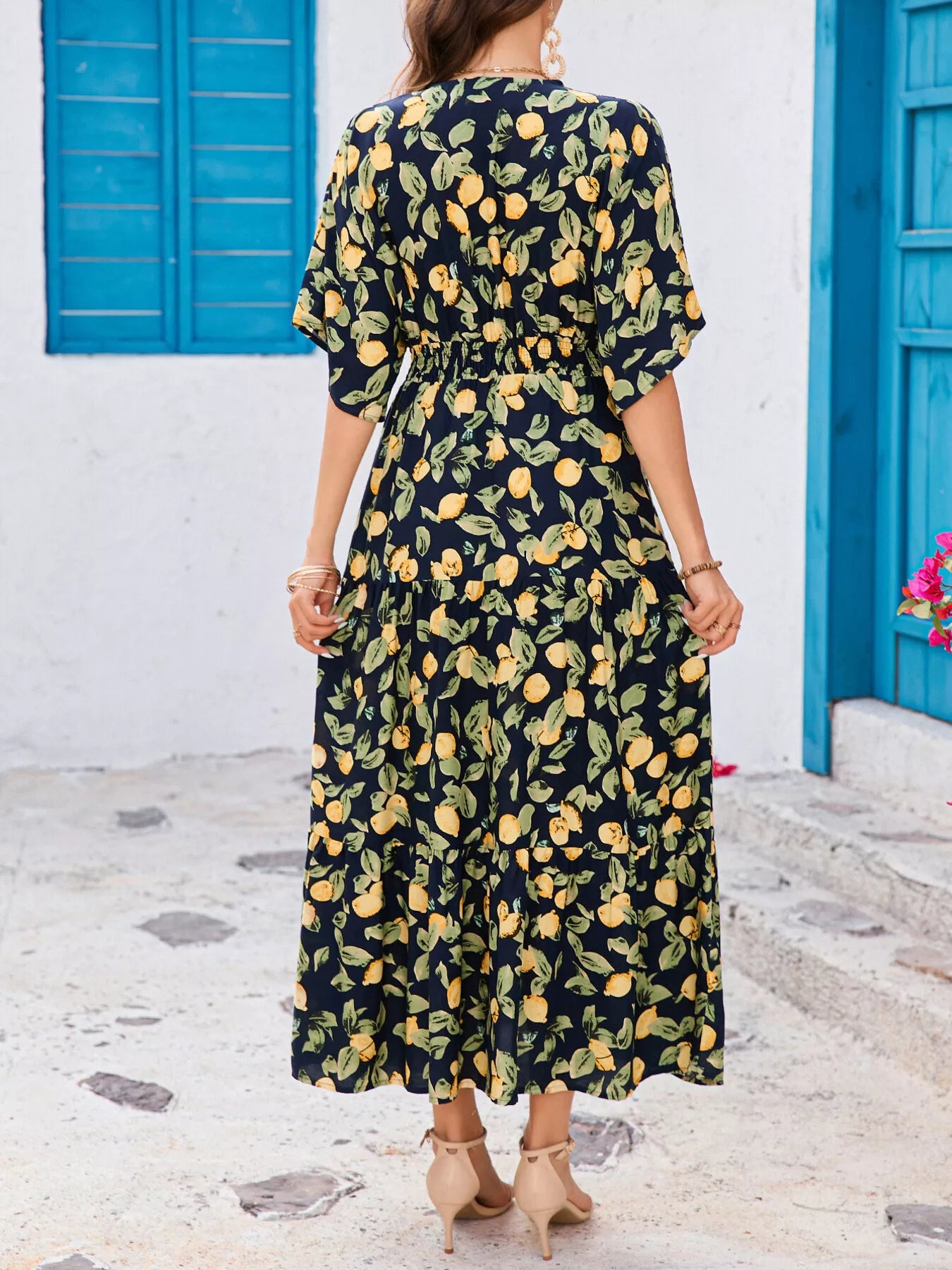 Printed V-Neck Ruffle Hem Flowy Midi Dress