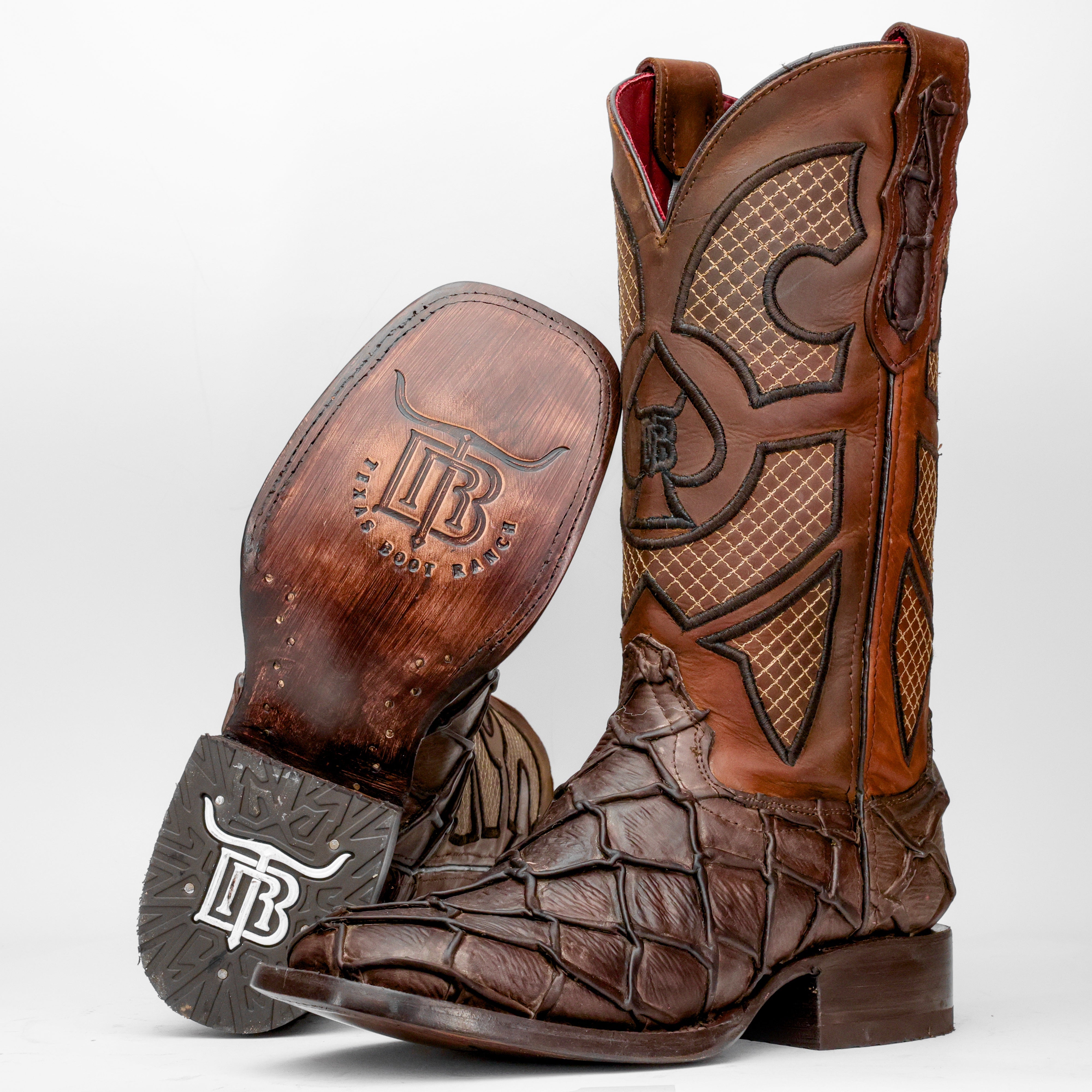 Matte Chocolate Brown Pirarucu Leather Boots - Square Toe