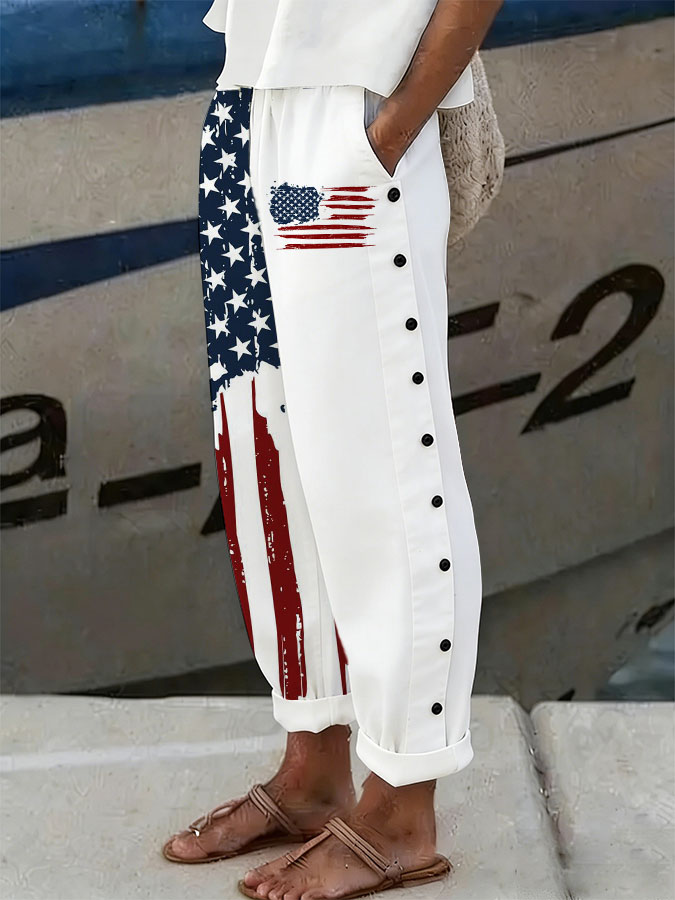 Women'S Casual American Independence Day 250Th Anniversary Printed Casual Button Design Pants