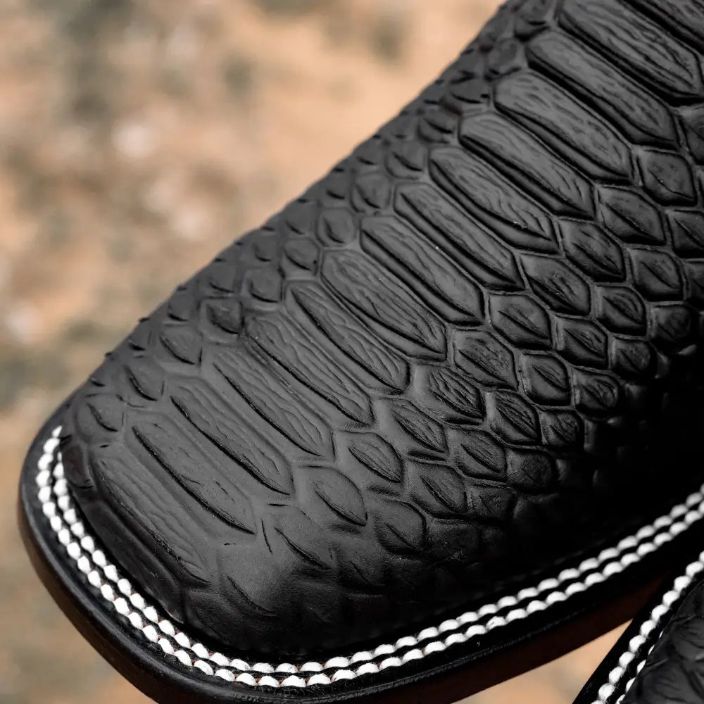 Matte Black Python Leather Boots - Square Toe