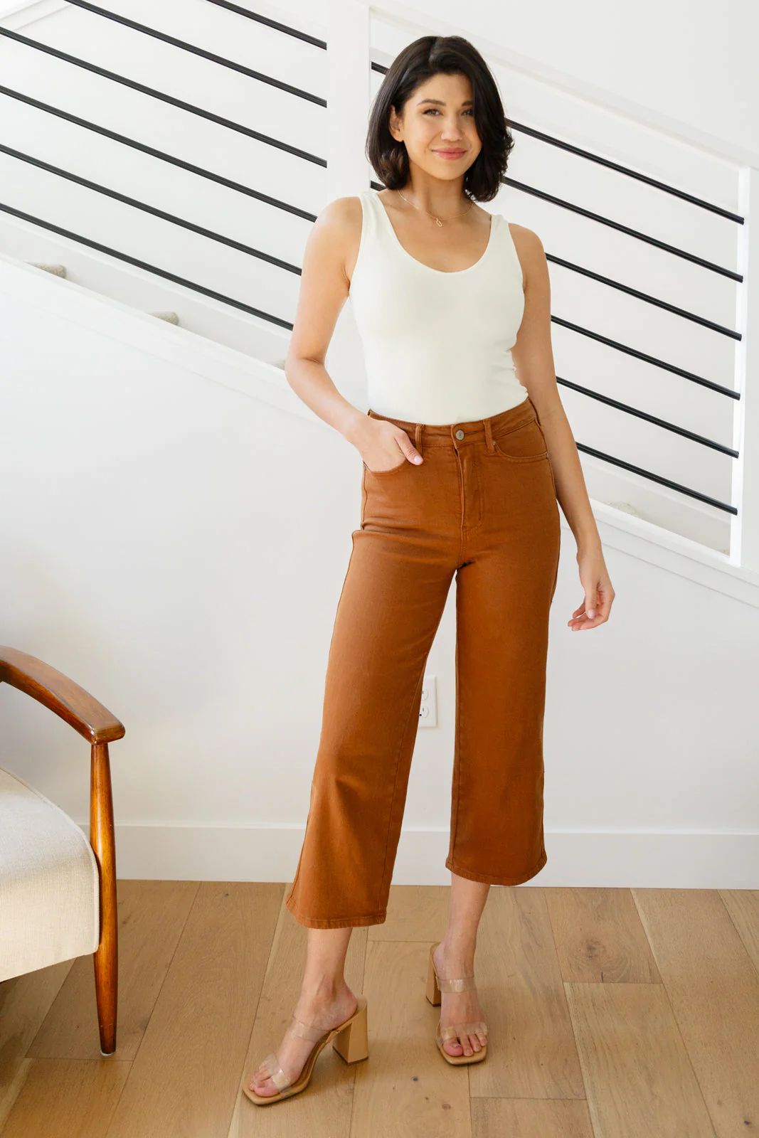 Blue Briar High Rise Control Top Wide Leg Crop Jeans in Camel