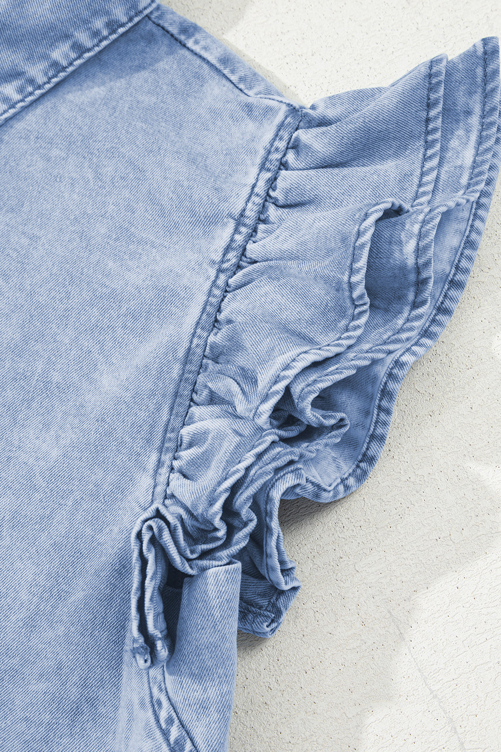 Beau Blue Double Ruffled Sleeves Buttoned A-line Collared Mini Denim Dress