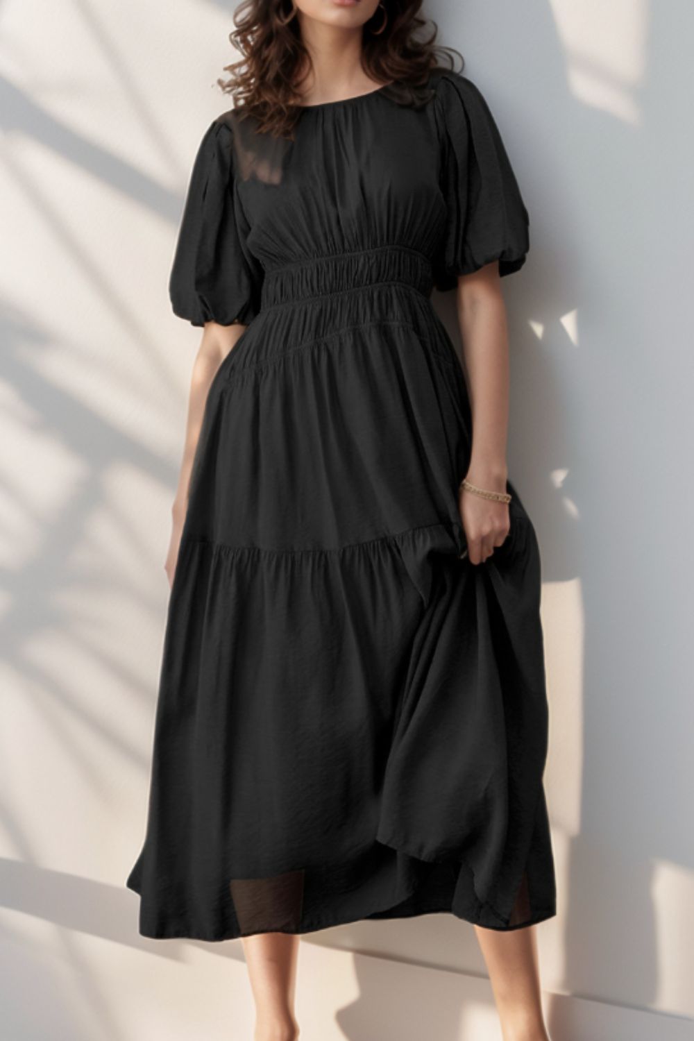 Puff Sleeve Pleated High Waist Flowy Midi Dress