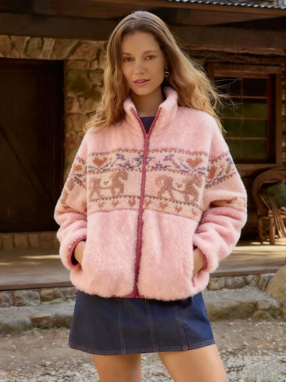 Merry Chrismas Fleece Collar Graphic Jacket