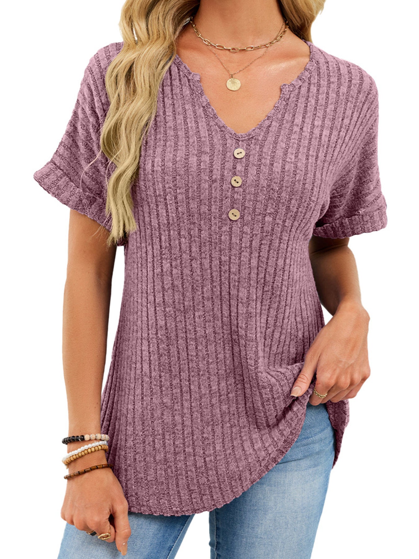 Ribbed Knit Short Sleeve T-Shirt