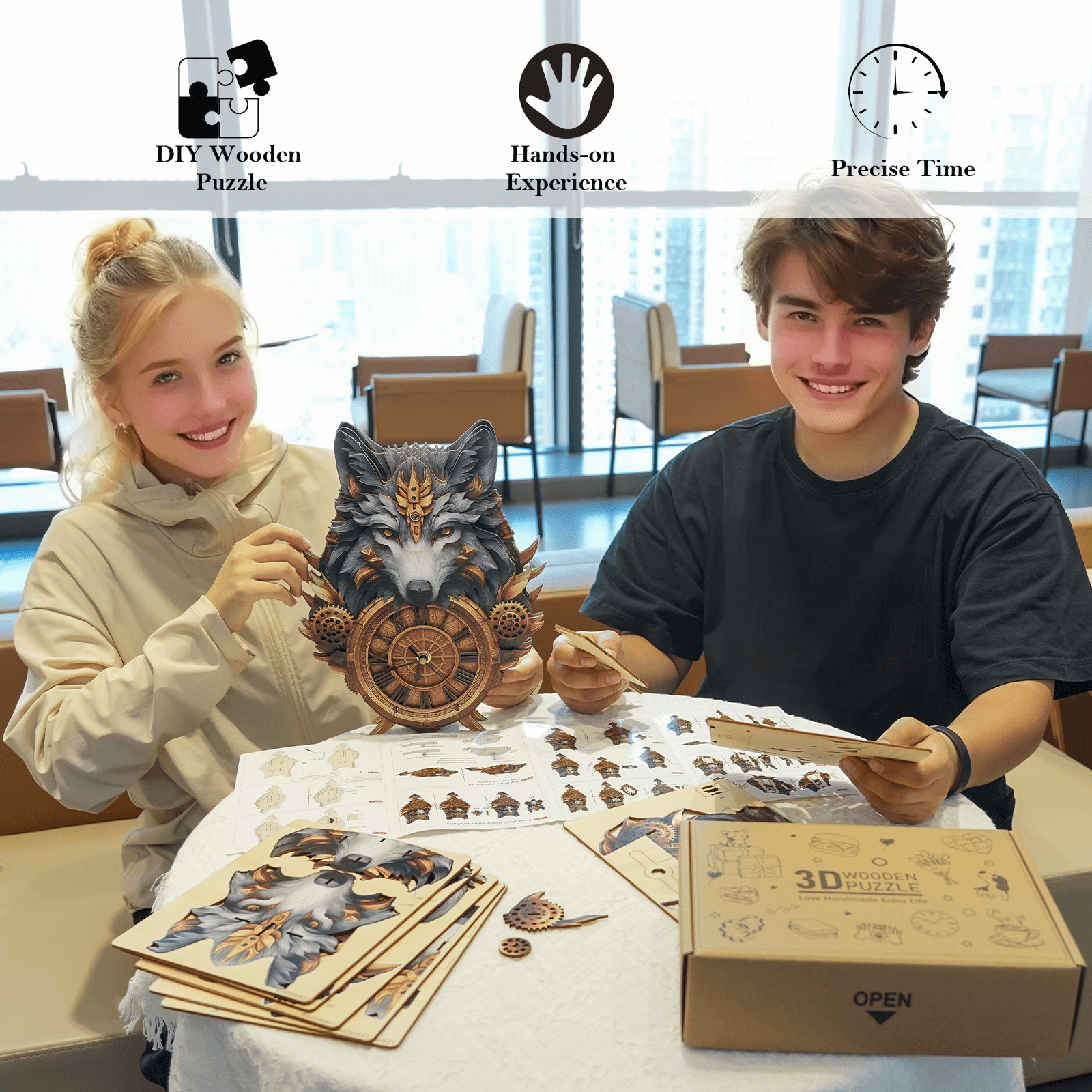 Gray Wolfâ€“ DIY Wooden Clock, 3D Puzzle Craft Kit