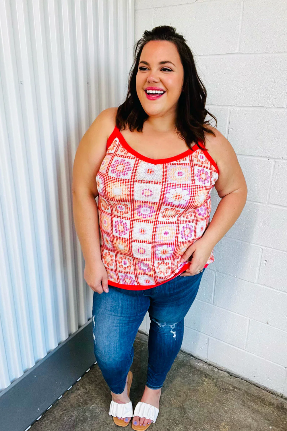 Retro In Bloom Coral Flower Power Waffle Knit Sleeveless Top