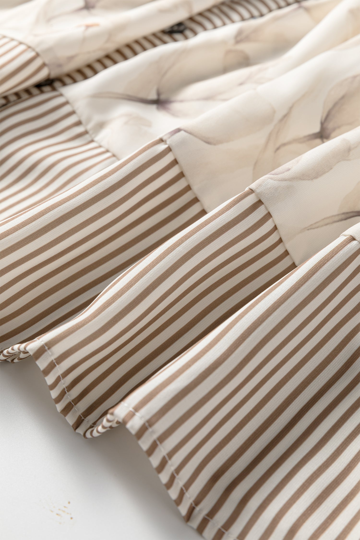 Khaki Plus Size Floral Striped Trim Patchwork Button Down A-line Dress