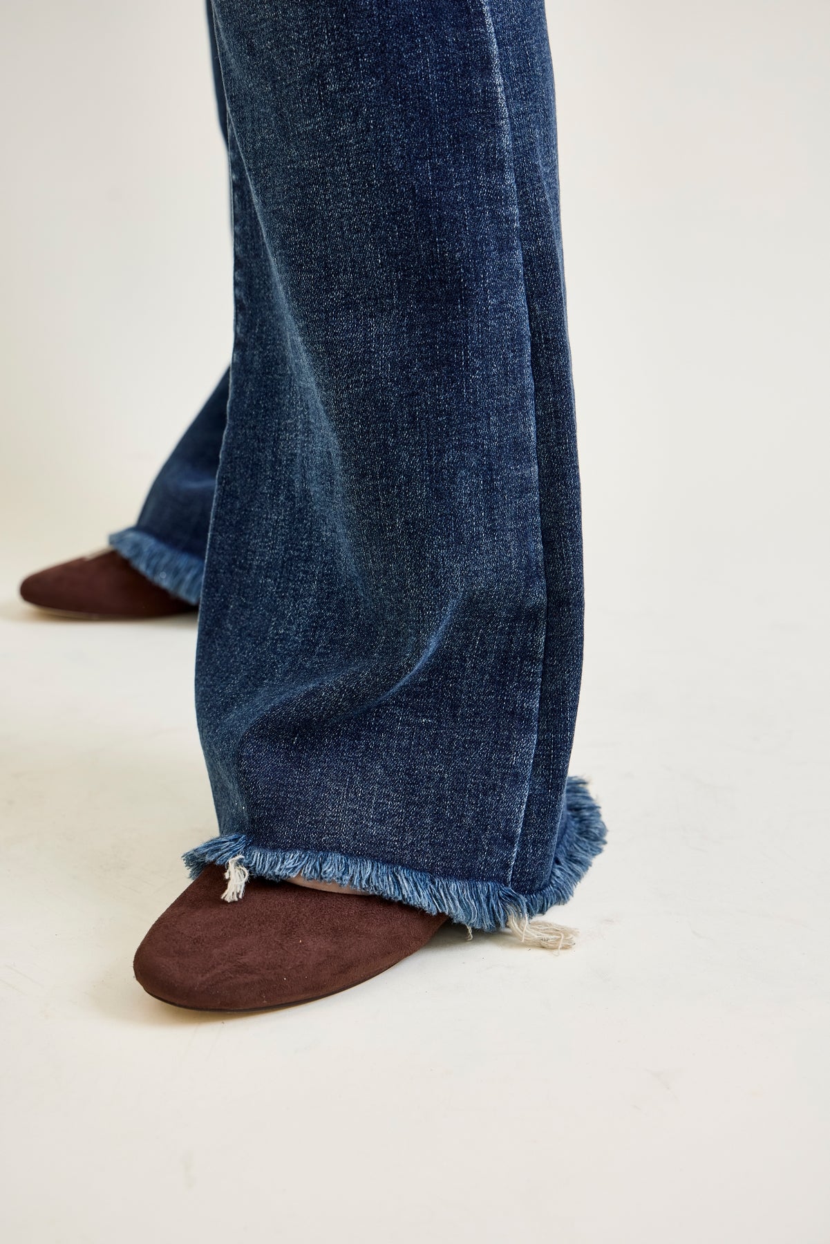 Amanda Mid Rise Flare Jeans with Distressed Knee & Frayed Hem - PLUS