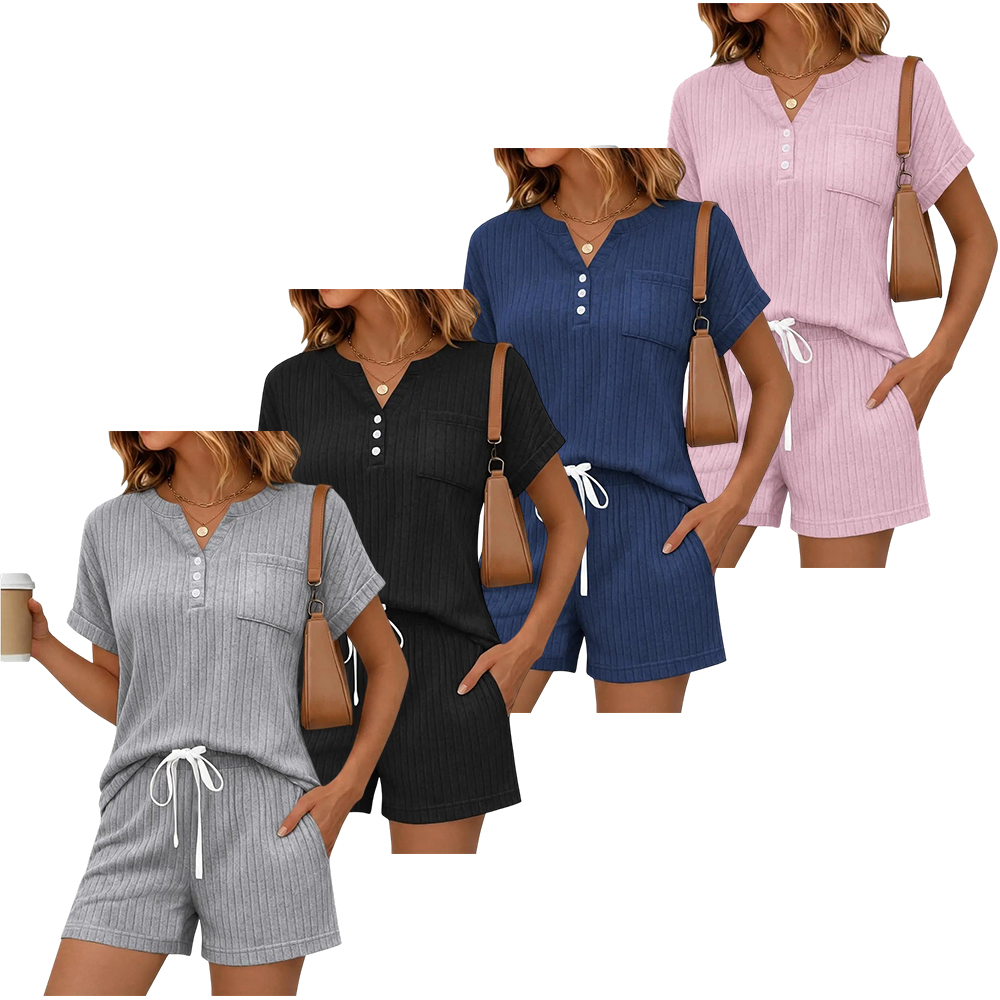 2 Piece Short Sets for Women Summer 2026 Lounge Short Sleeve Henley Outfits Sweatsuit with Pocket