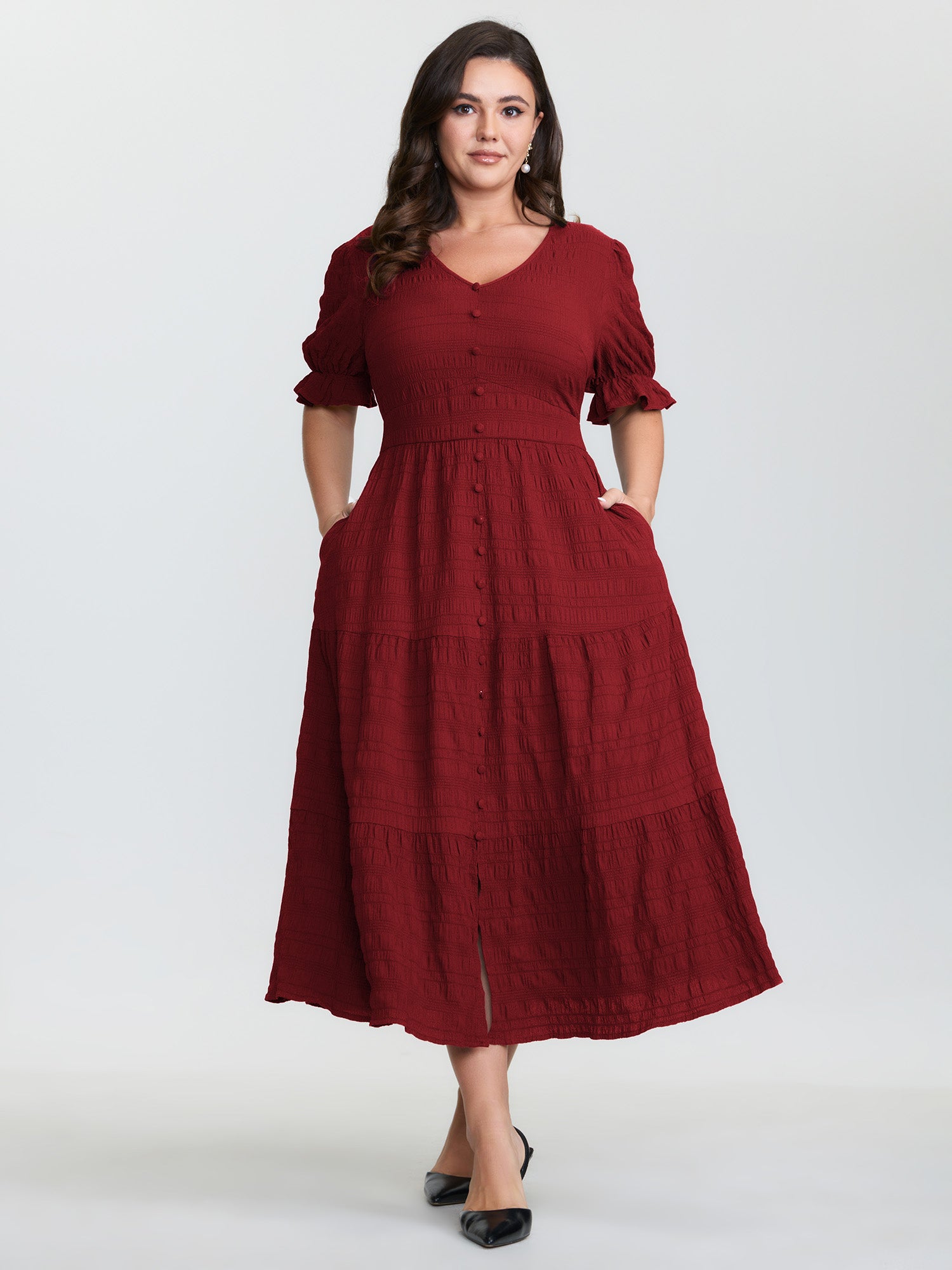 Textured Triangular Cinched-Waist Tiered Maxi Dress