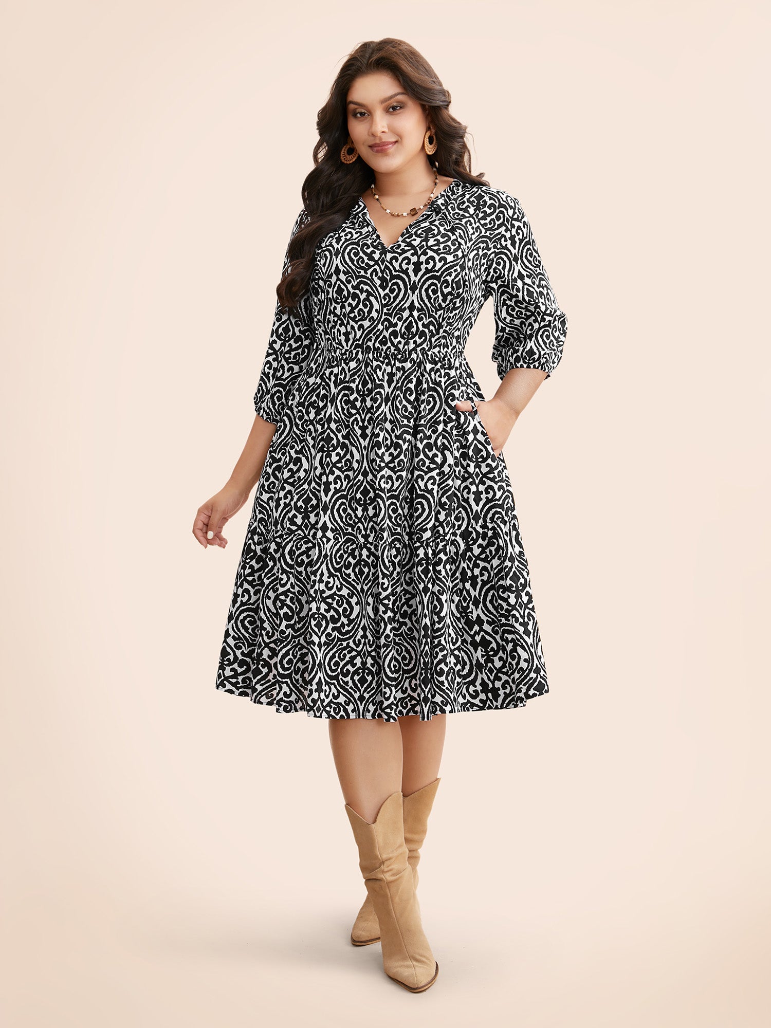 Damask Print Tie Knot Puff Sleeve Dress