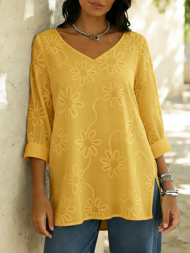 Casual Loose-fitting Floral Embroidery Cotton Shirt Blouse