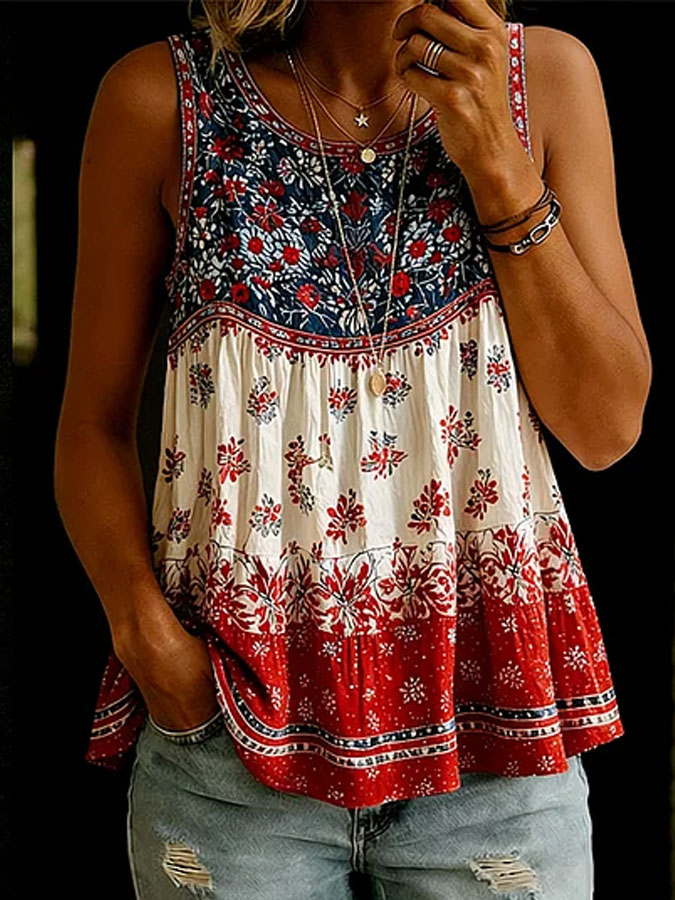 Women'S American Independence Day 250Th Anniversary Flower Printed Linen Casual Tank Top