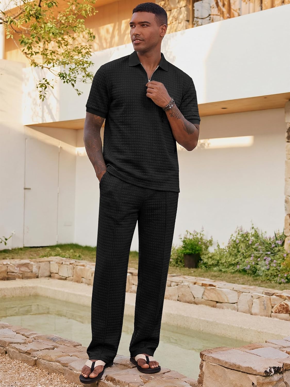 Mens Summer 2 Piece Outfits Short Sets Beach Waffle 1/4 Zip Polo Shirts Casual Loose Pant Loungewear