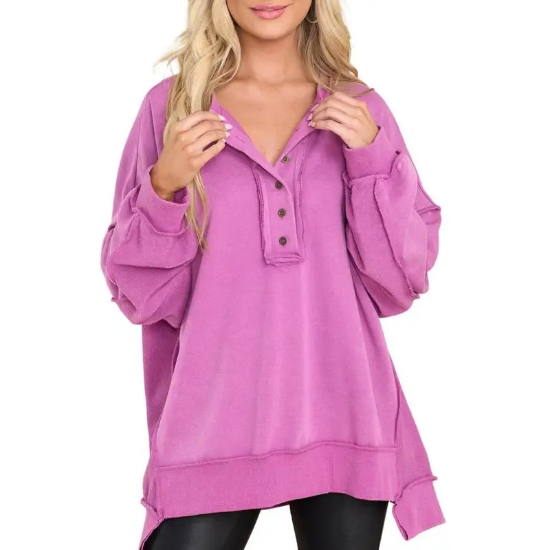 Women's Oversized Button Henley Sweatshirts