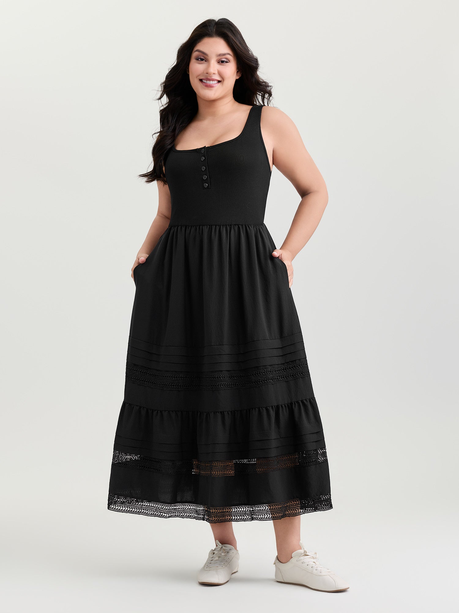Lace Trim Sheer Button Placket Midi Dress