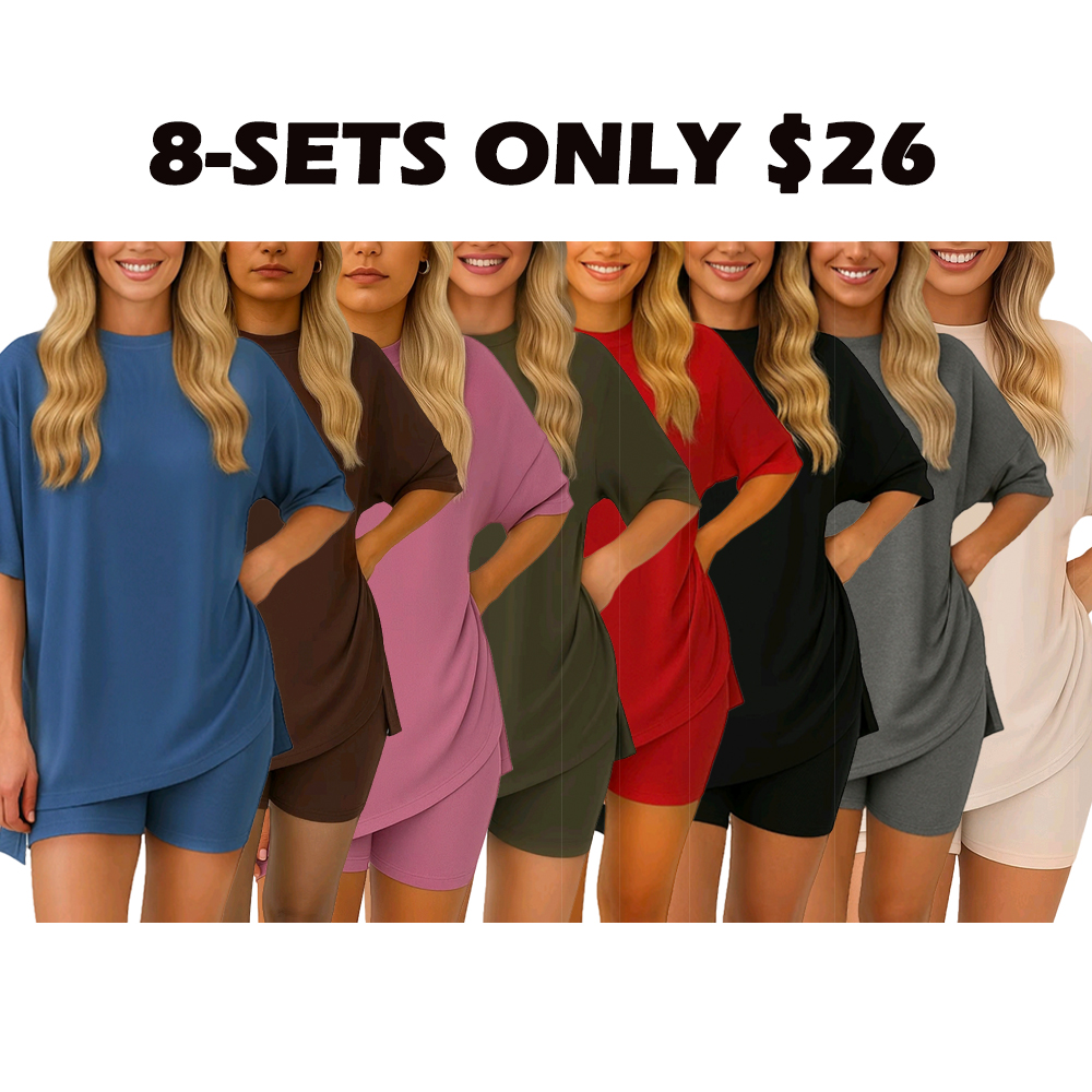 Women's Casual Wear, Summer, 2-Piece Suit, Pajamas, Casual Loose, Short-SleevedShorts, Airport Travel Wear, Hem Slits, HomeWear