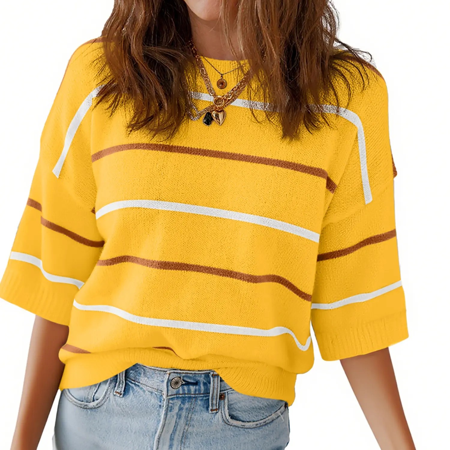 2026 Spring/Summer Women's Short Sleeve Striped Sweatshirt - Soft Breathable Fabric Crew Neck Pullover Top for Daily Wear