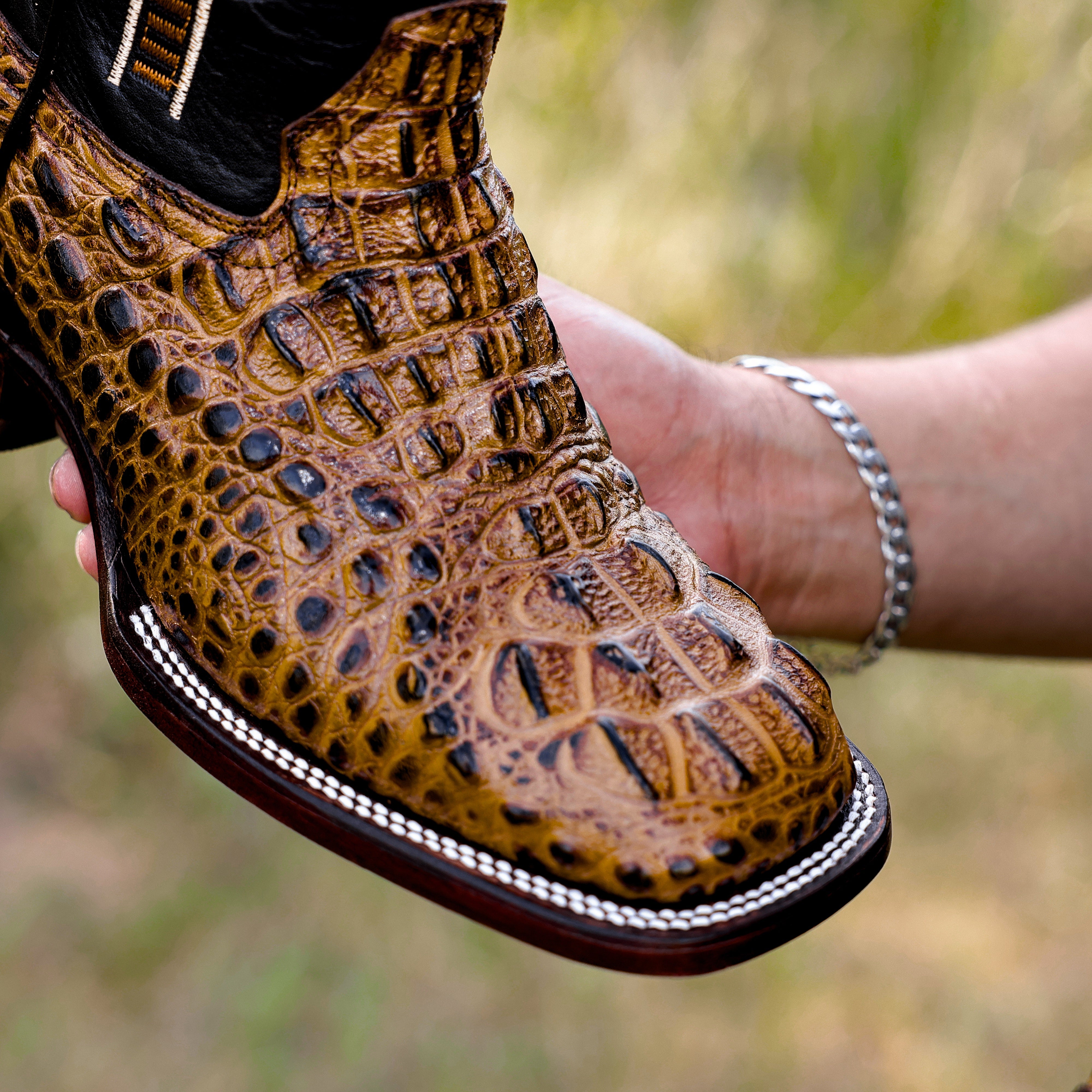 Honey Caiman Neck Leather Boots - Square Toe