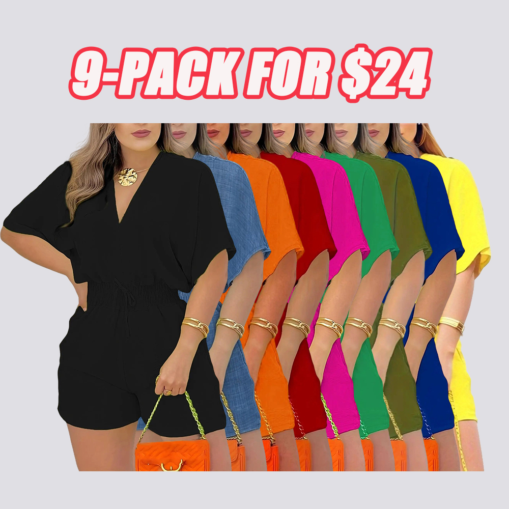 Women's Plain Drawstring Shirred Waist V Neck Romper