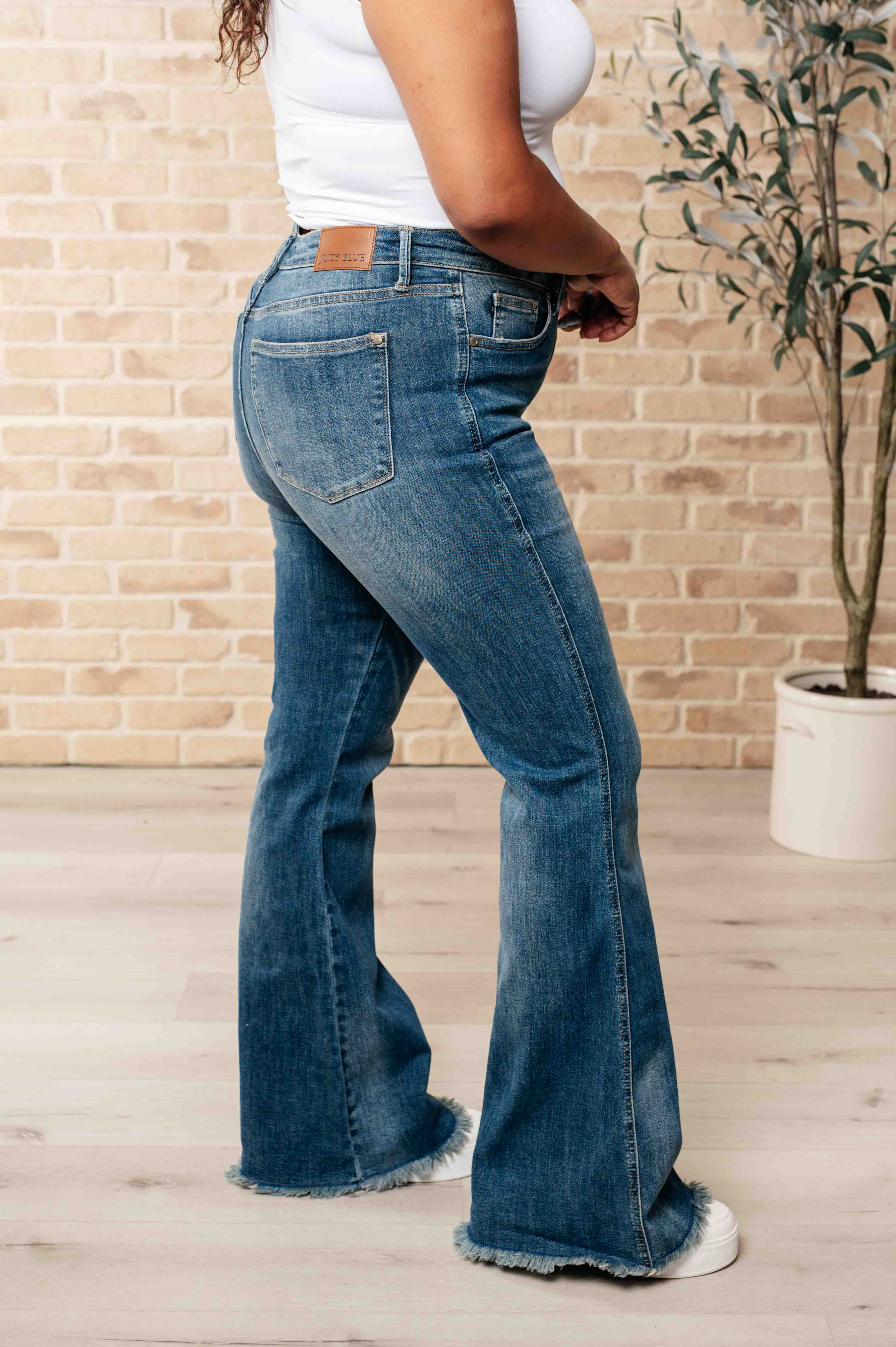High Waist Control Top Frayed Hem Flare Jeans