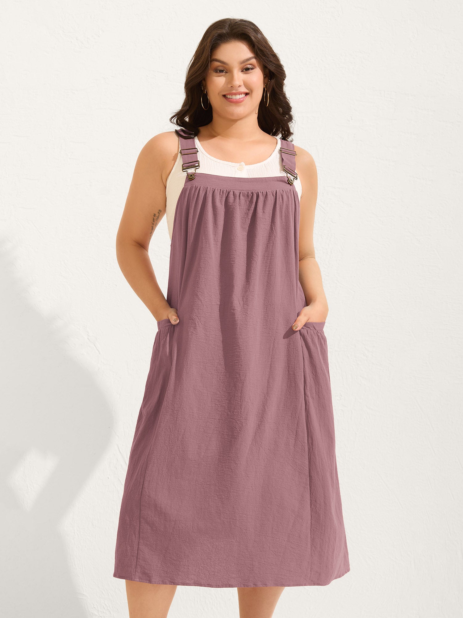 Pure Cotton Pleated Pockets Midi Dress