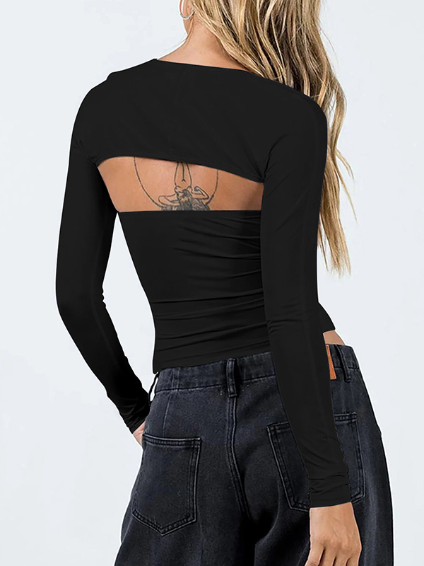 Solid Color Long Sleeves Skinny Collarless T-Shirts Tops