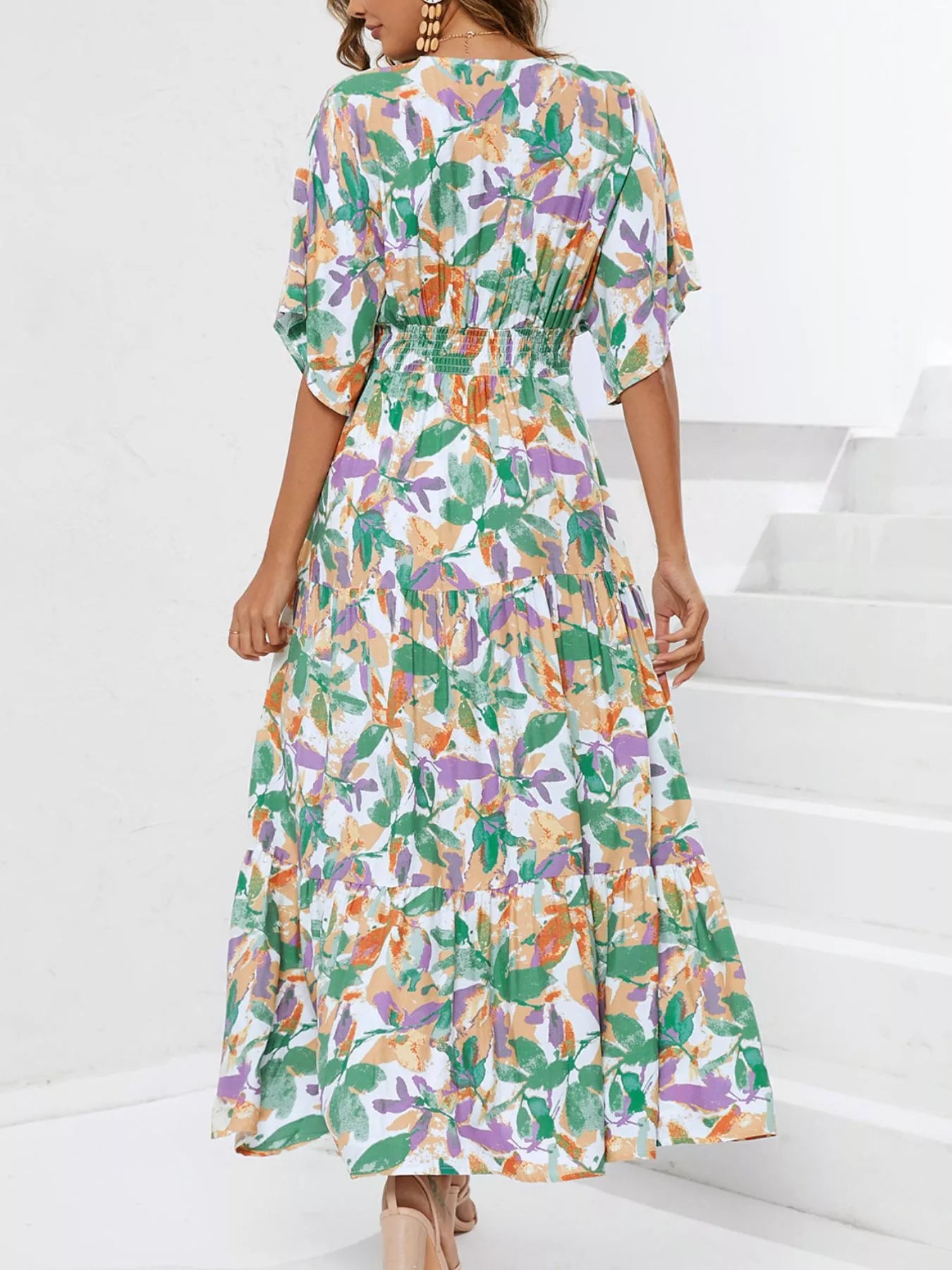 Printed V-Neck Ruffle Hem Flowy Midi Dress