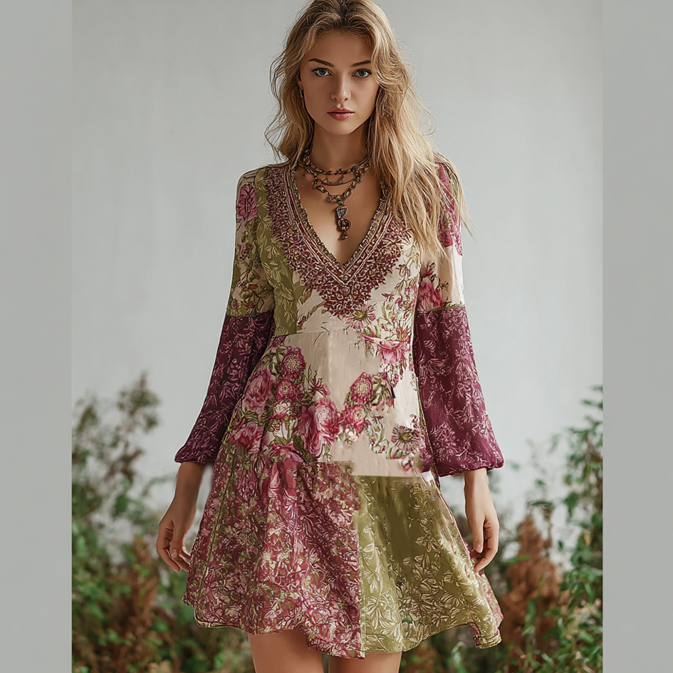 Bohemian Style Retro Floral Pattern Women's V-neck Dress