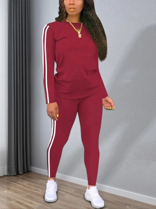 Women's Striped Print Long Sleeve Top & Pants Two-piece Set