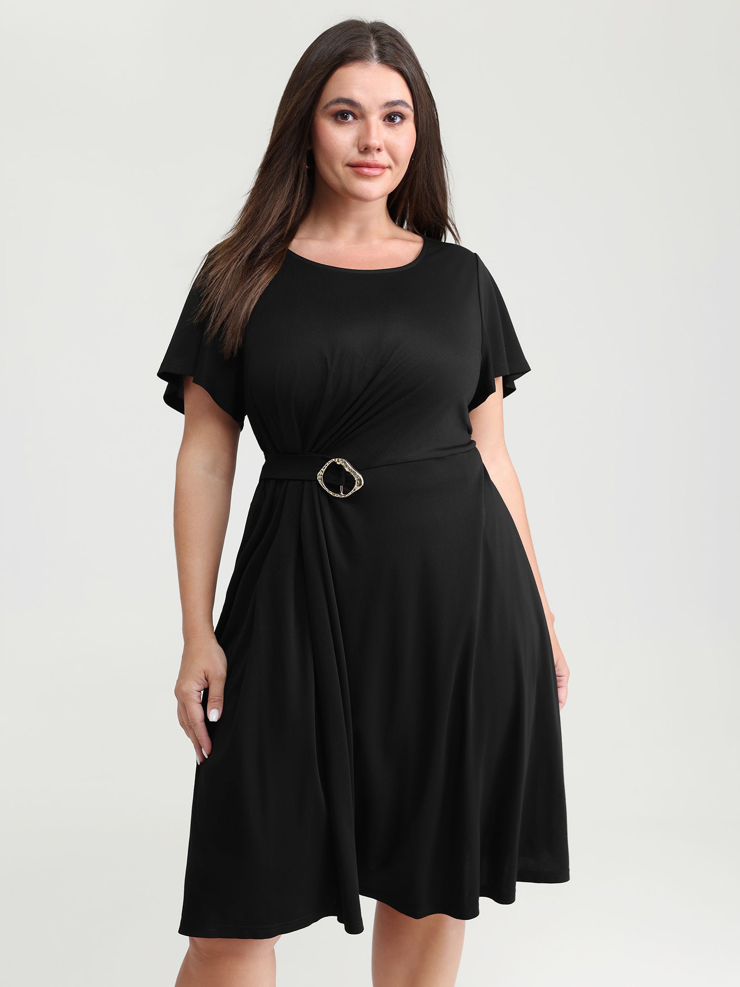 Stretch Knit Pockets Waist-Buckle Mini Dress