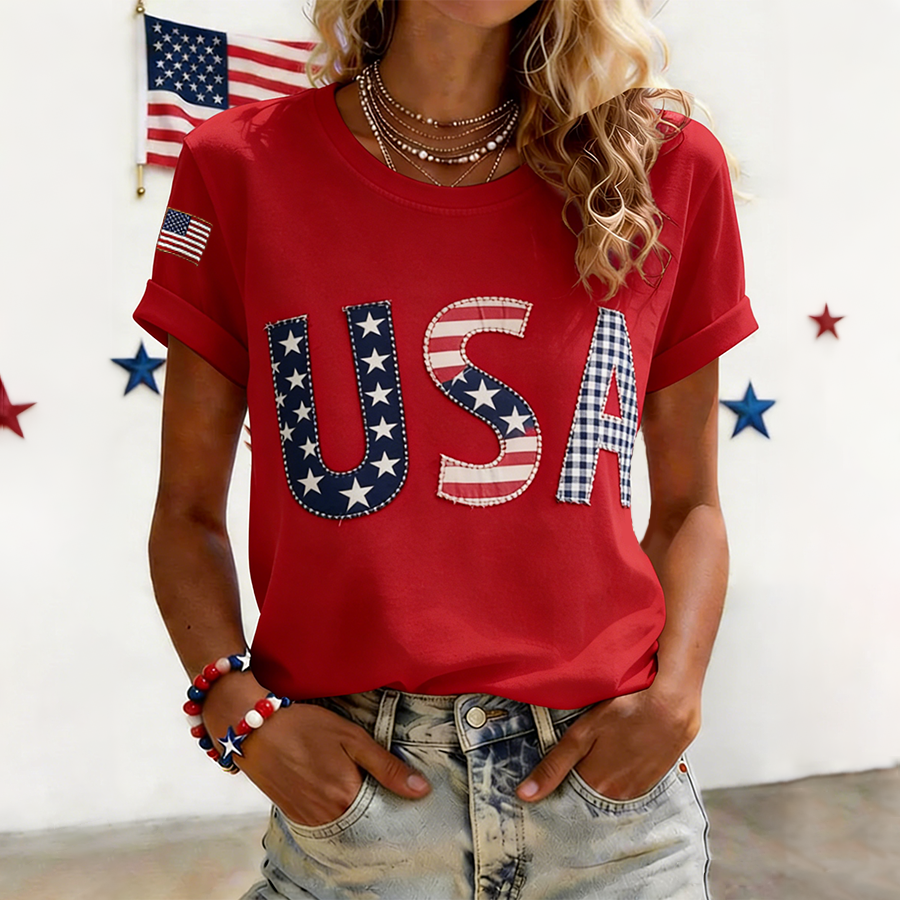 Women's Red American Flag Patch Patriotic Casual T-shirt
