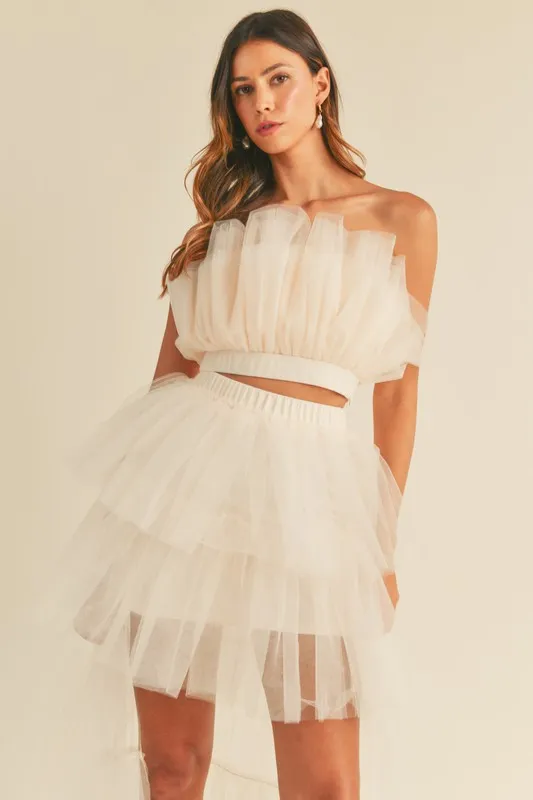 Tulle Tube Ruffle Crop Top and High Low Maxi Skirt Set