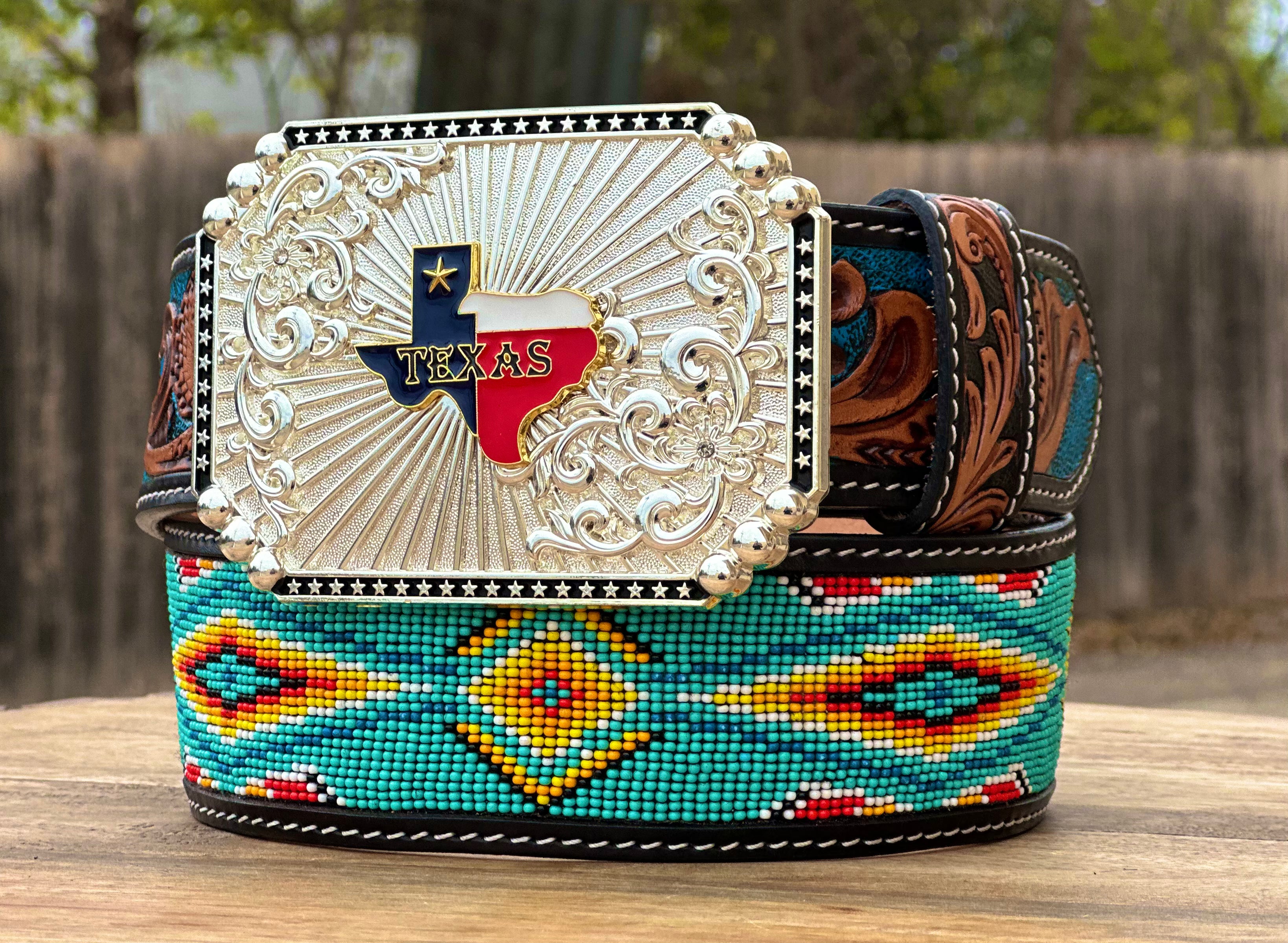 Hand-Tooled Artesanal Tabs With Mint Green and Yellow Beaded Leather Belt ( Read ￼Description Before Ordering )