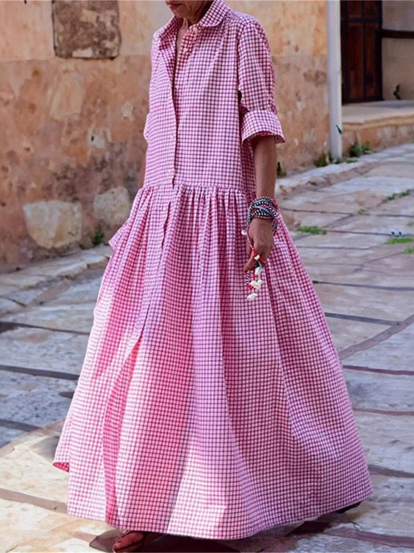 Vintage Gingham Maxi Shirt Dress