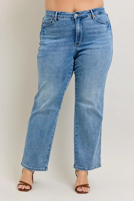 Blue Full Size Tummy Control Vintage Wash Straight Jeans Plus Size