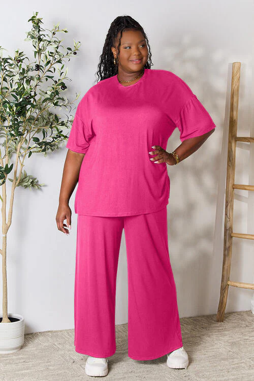 Full Size Round Neck Slit Top and Pants Set