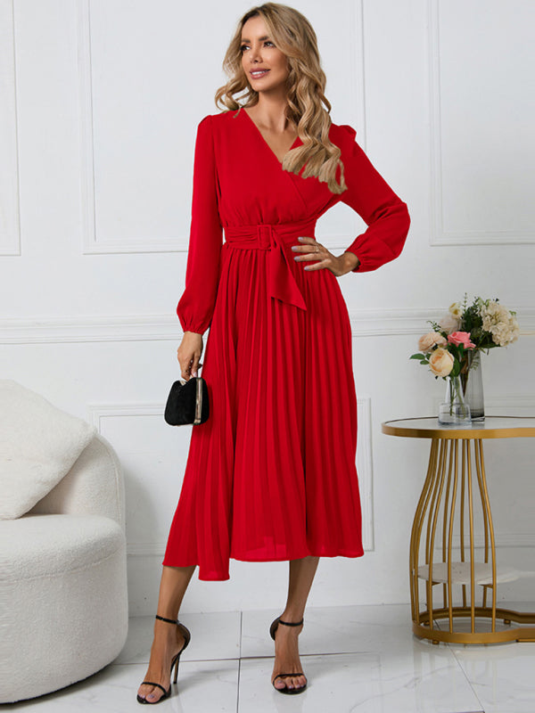 Long Sleeve Slim Pleated Belt V-Neck Dress A-Line Skirt
