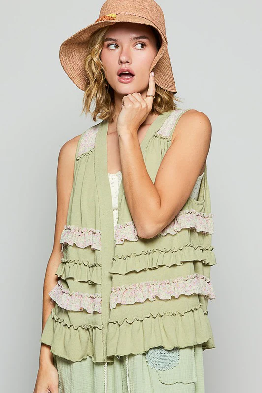 Ruffled Open Front Sleeveless Cardigan