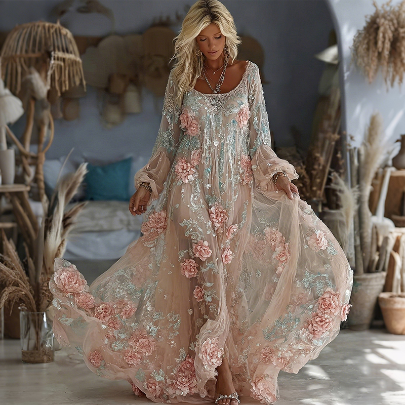 Women's Floral Art Flowy Linen Blend Casual Long Sleeve Maxi Dress